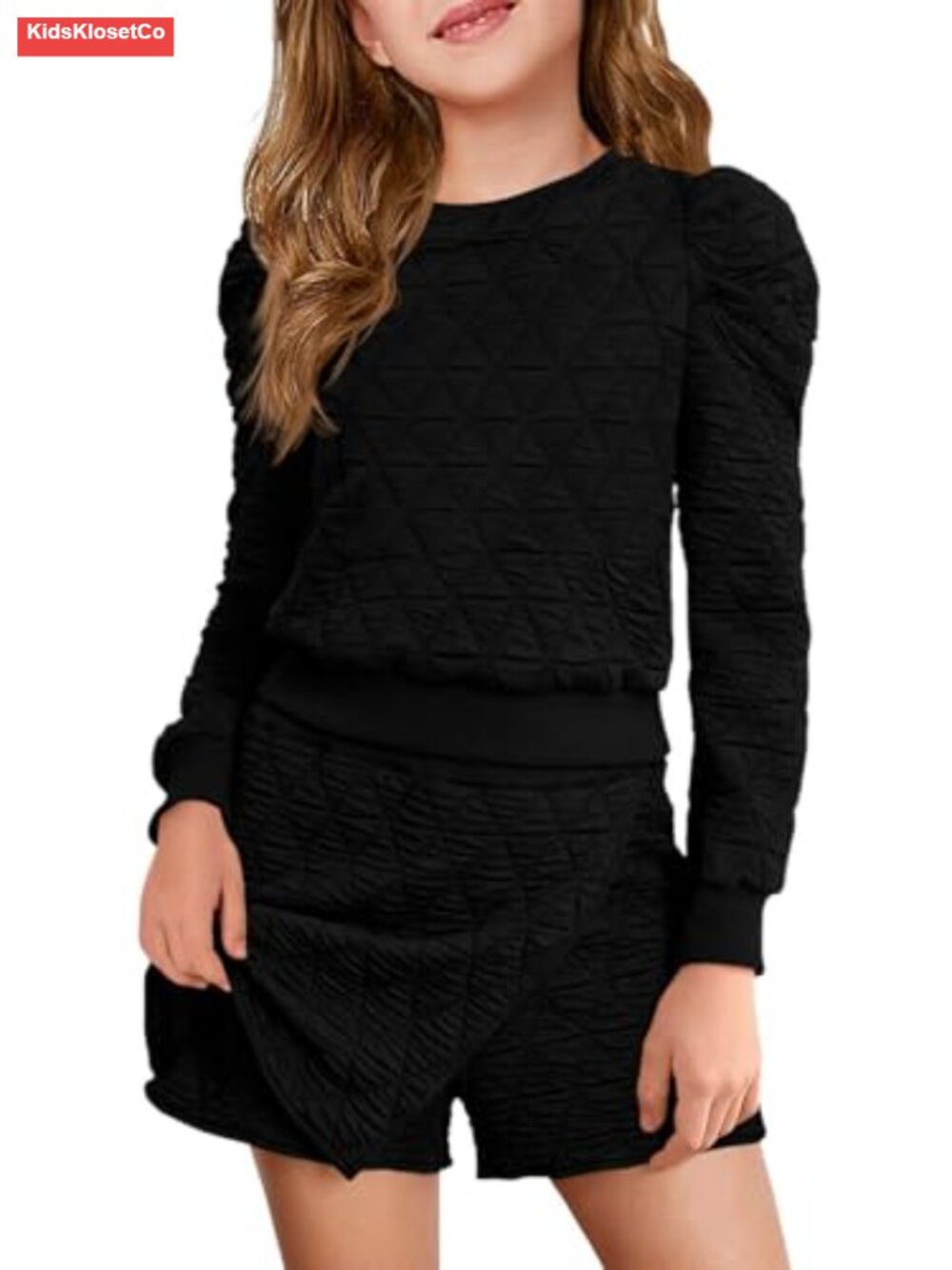 Girls 2-Piece Fall Outfit Set Puff Sleeve Argyle Sweatshirt & Wrap Skort